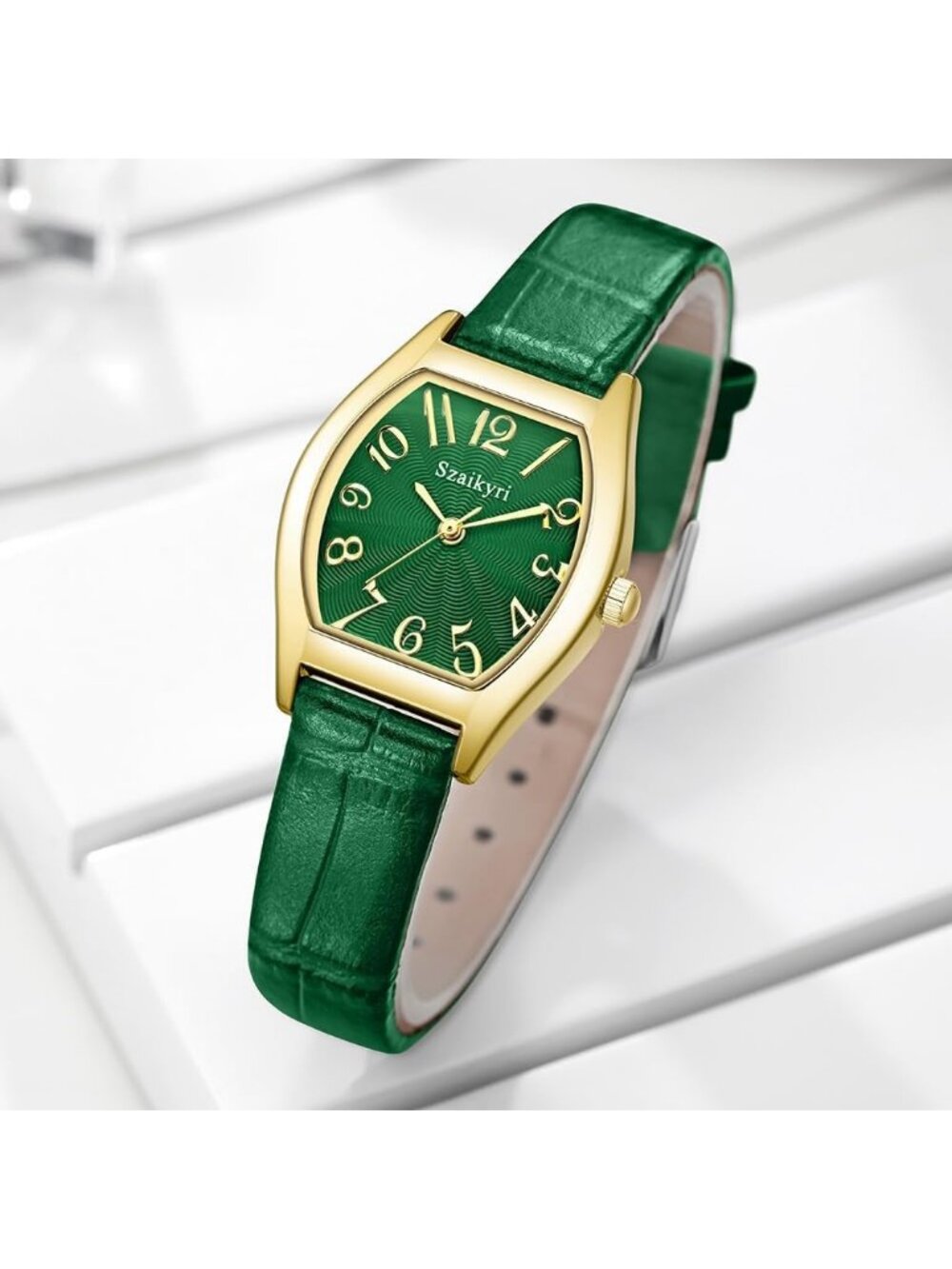 Women's Green-Gold Barrel-Shaped Easy Read Arabic Numerals Dress Wrist Watch - Picture 4 of 6